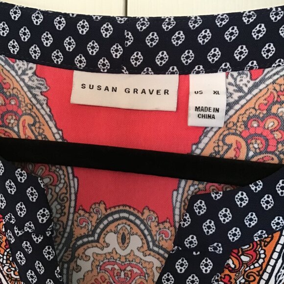 SUSAN GRAVER Bat Sleeve Notched V-Neck Red Paisley Print Caftan Tunic Top XL - Picture 4 of 5